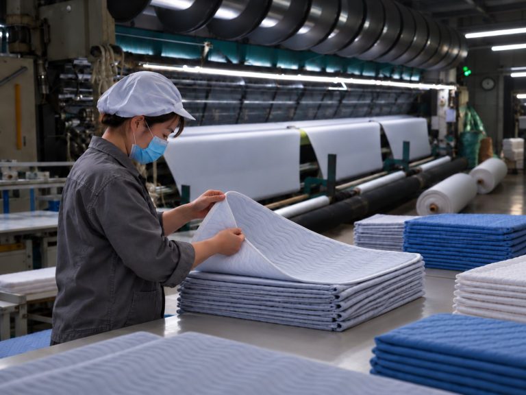 Worker inspecting washable incontinence pads at Weike partner factory