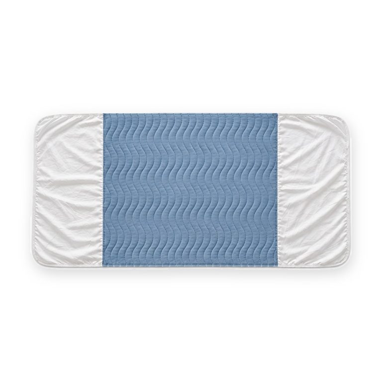 Washable incontinence pad with tuck-in wings, blue center and white side wings