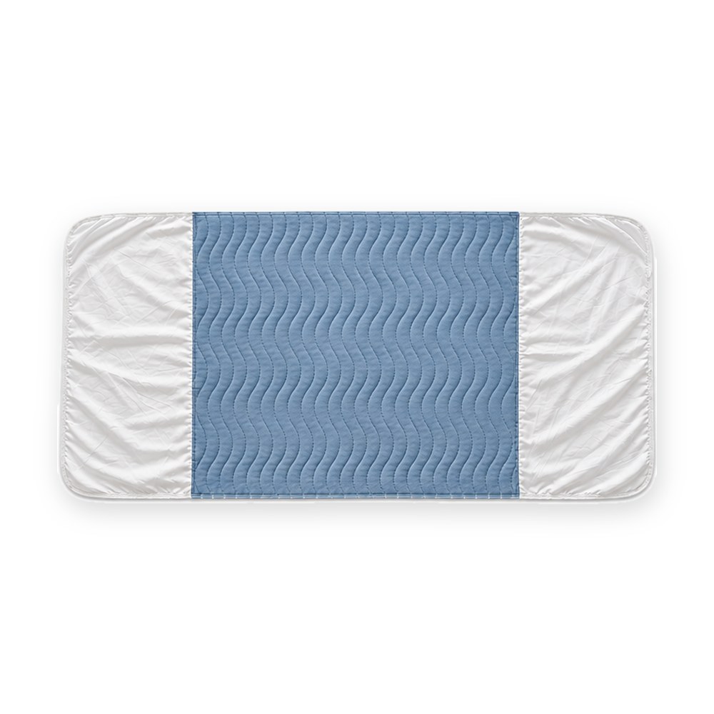 Washable incontinence pad with tuck-in wings, blue center and white side wings