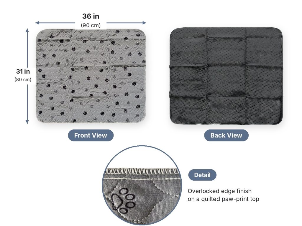 Front and back view with size 36 x 31 in and overlocked edge detail