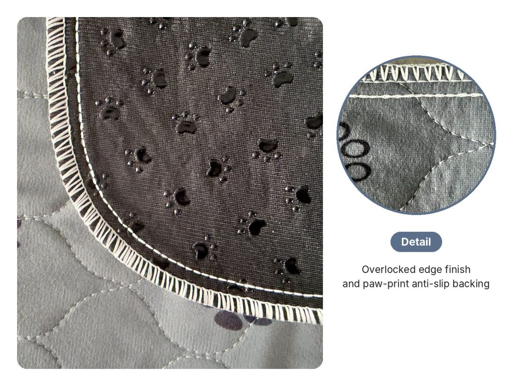 Overlocked edge and paw-shaped anti-slip dots on the black backing