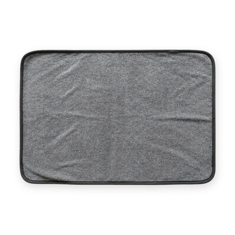 Large washable pet pad with soft gray plush top