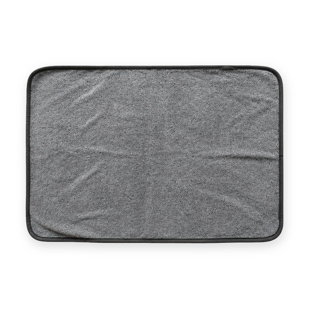 Large washable pet pad with soft gray plush top