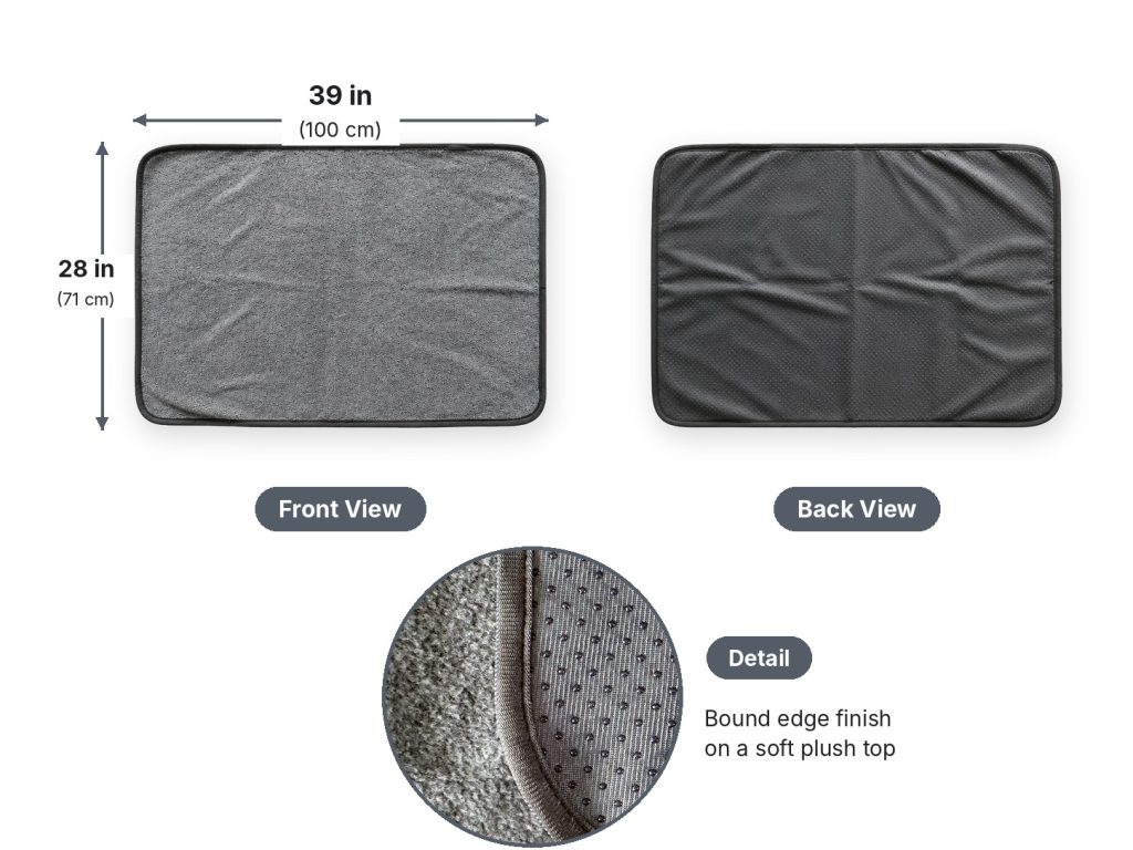Front and back view with size 39 x 28 in and bound edge detail