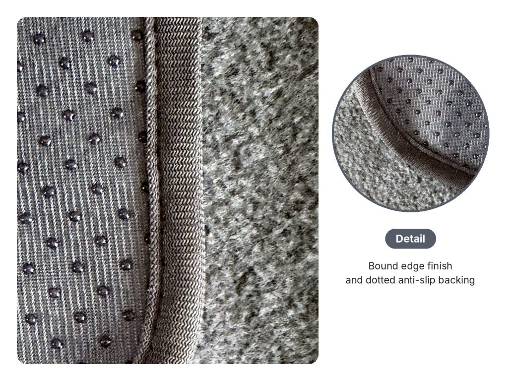Bound edge between the plush top and the dotted anti-slip backing