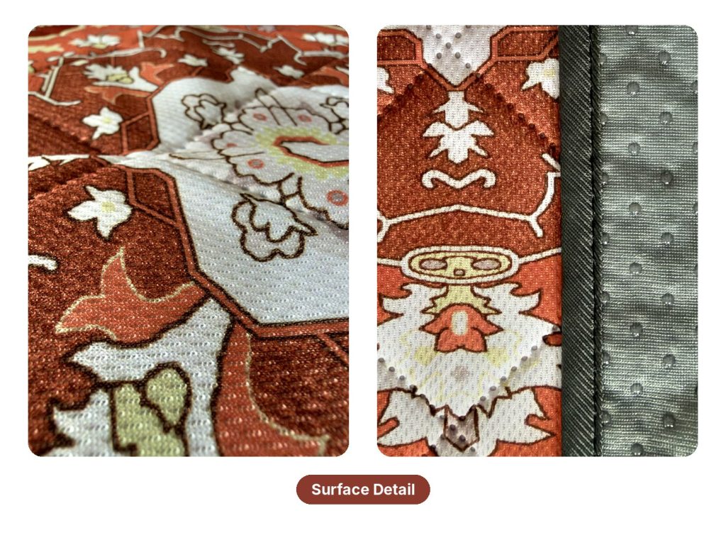 Surface detail of the rug-print top and the dotted anti-slip backing
