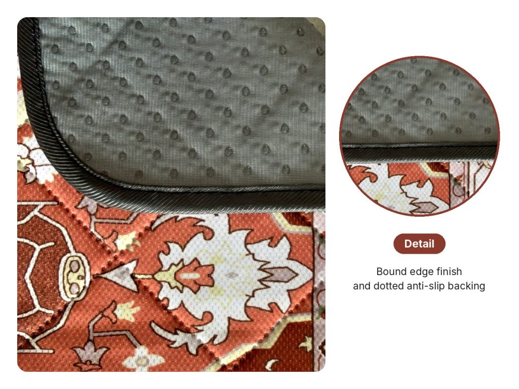 Bound edge and gray anti-slip backing of the Persian rug pet pad