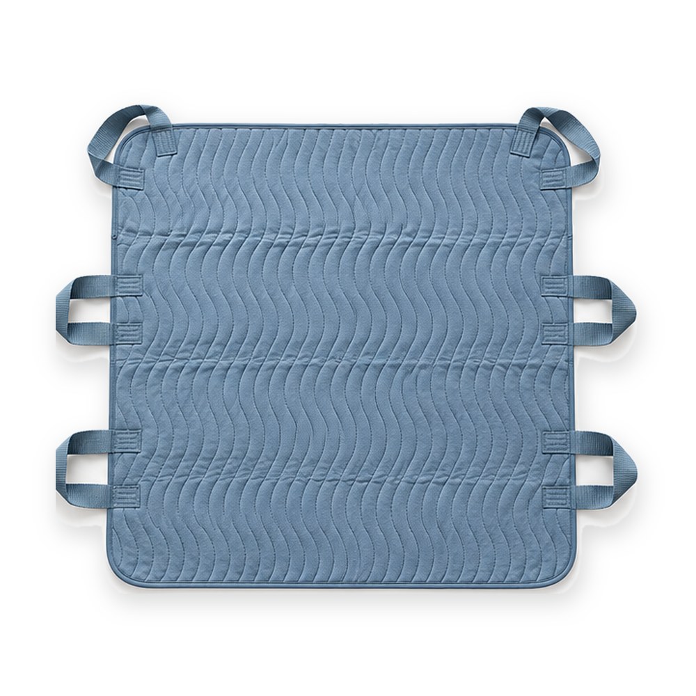 Washable positioning underpad with six webbing handles, blue