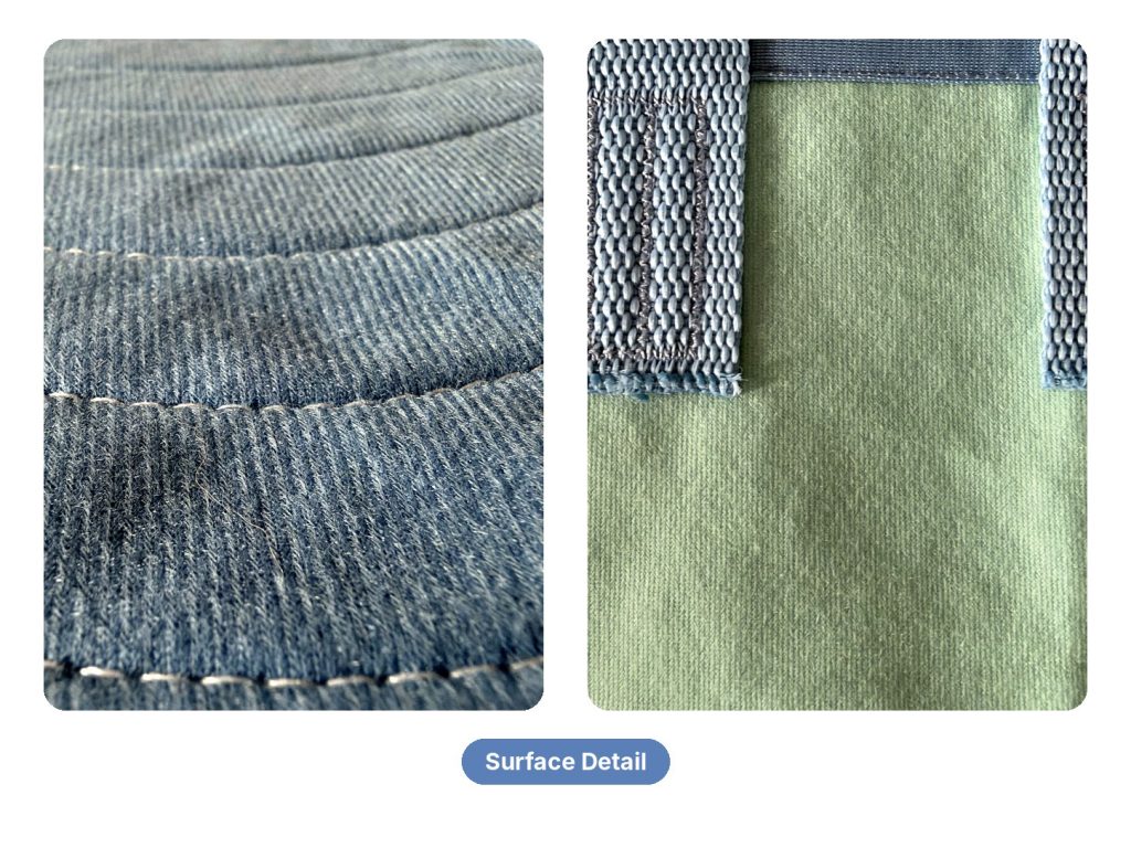 Surface detail of the quilted front and the back with handles